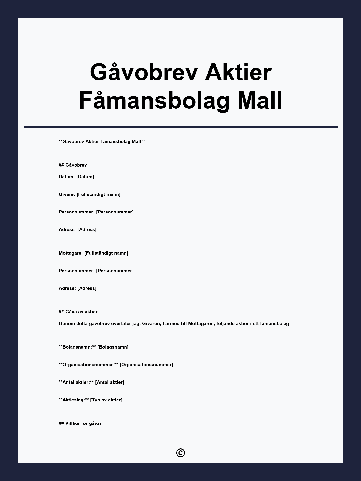 Gåvobrev Aktier Fåmansbolag Mall