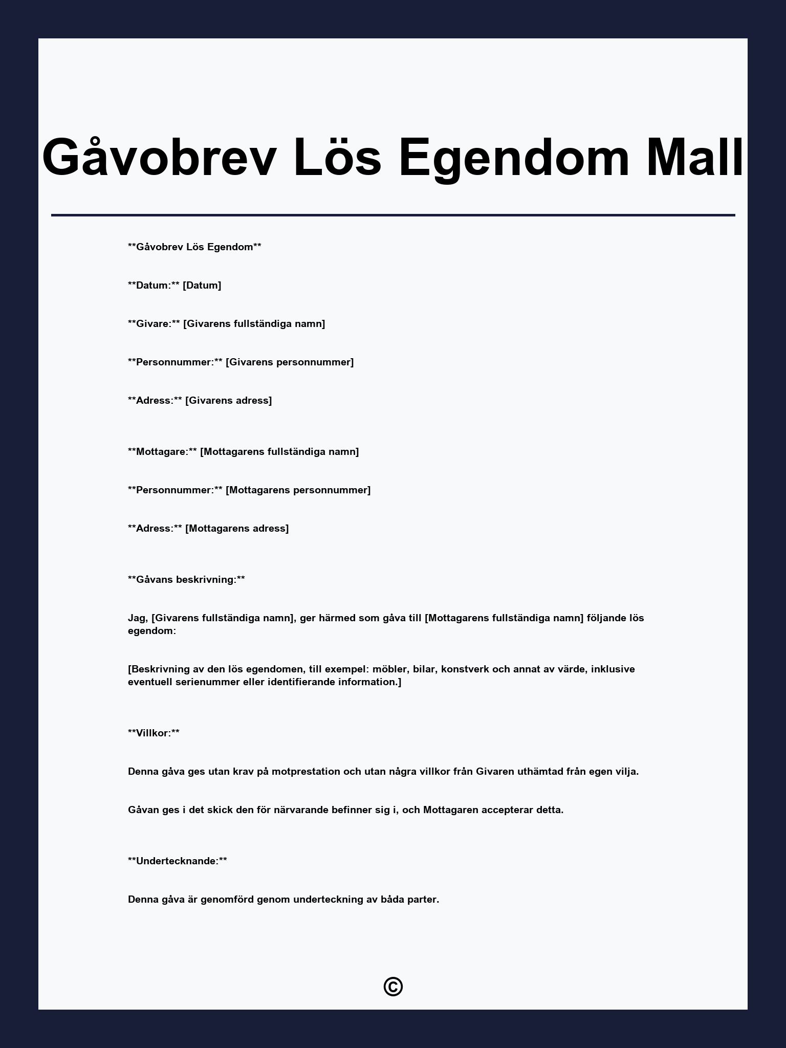 Gåvobrev Lös Egendom Mall