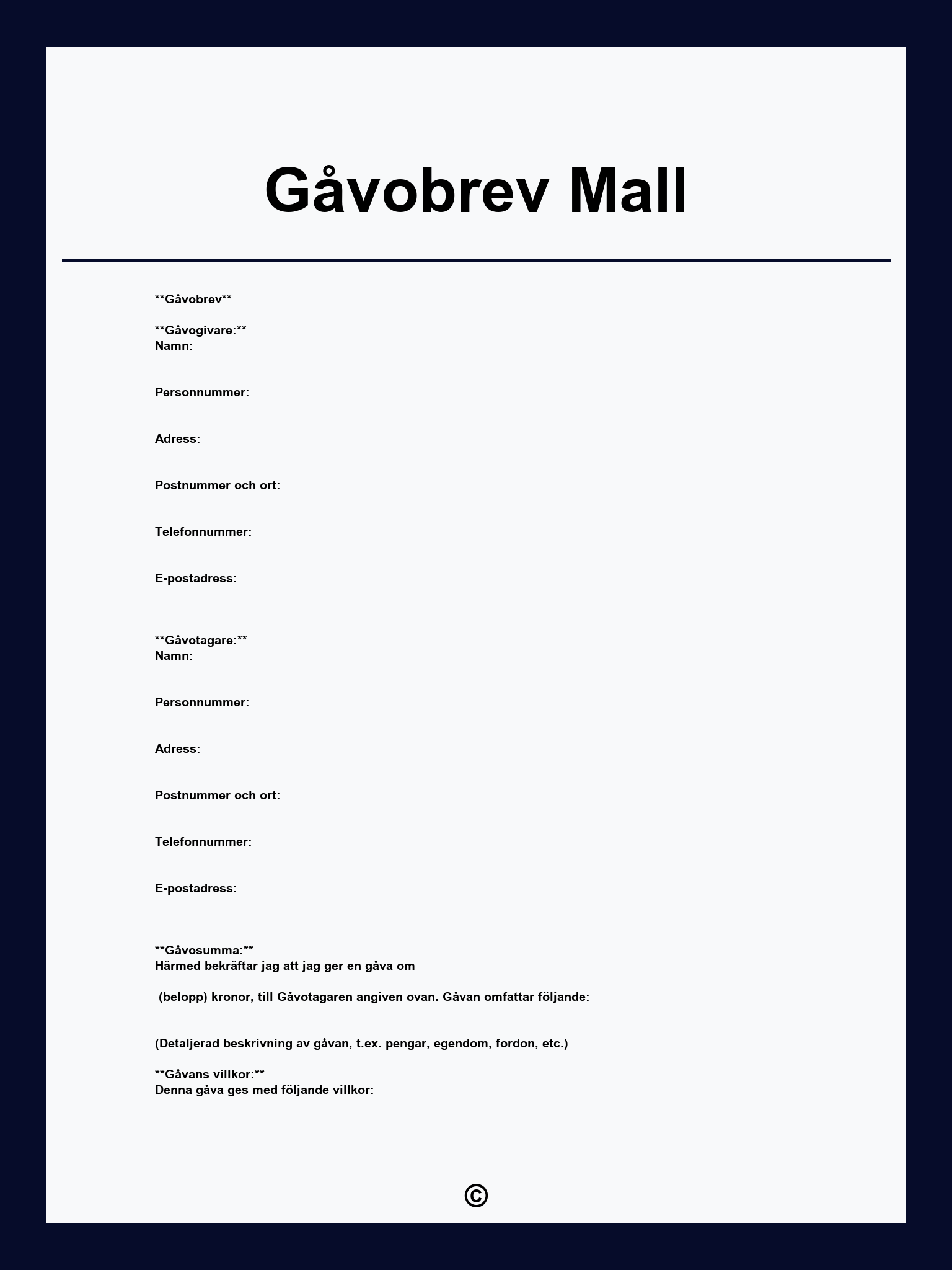 Gåvobrev Mall