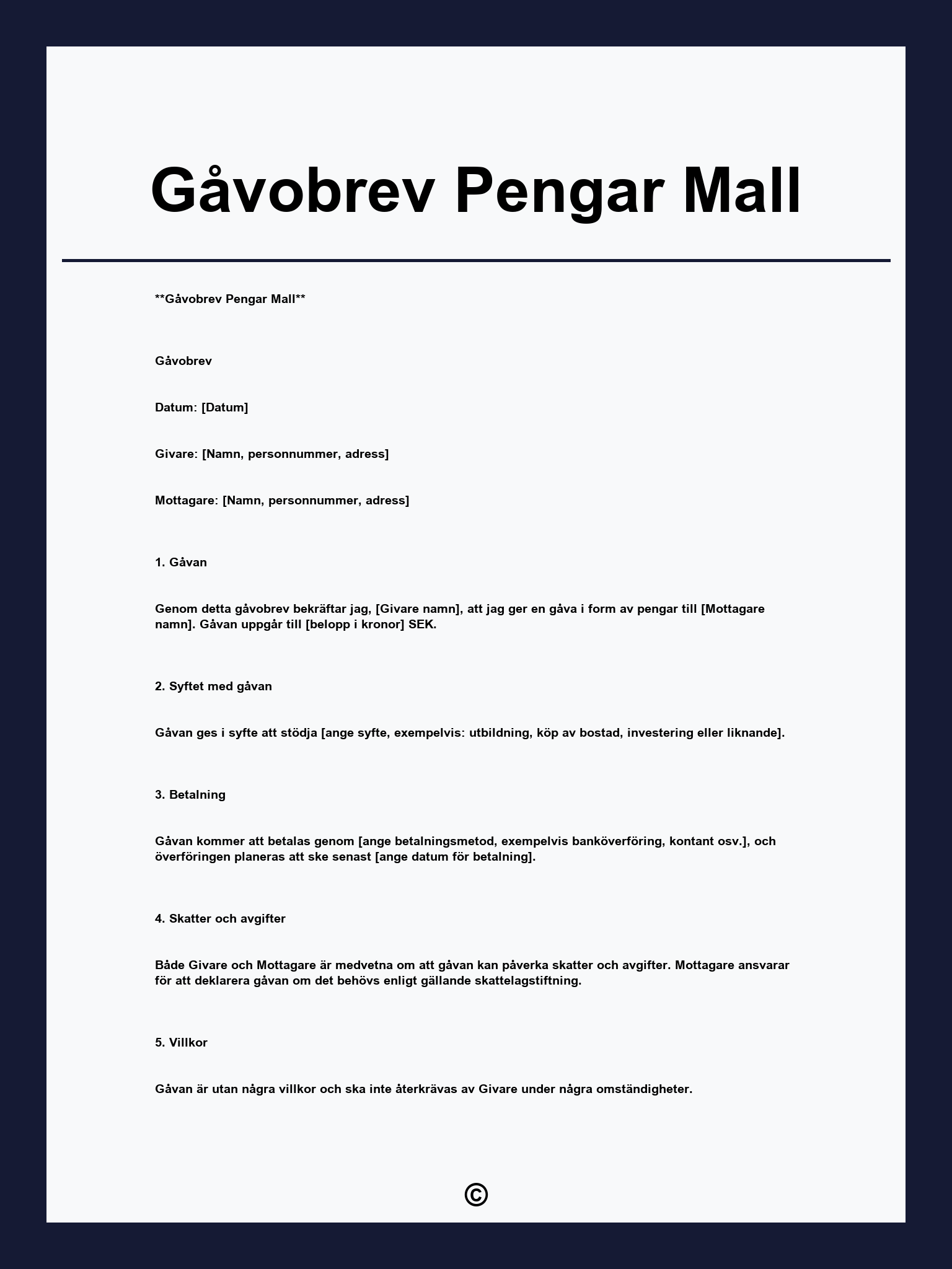Gåvobrev Pengar Mall