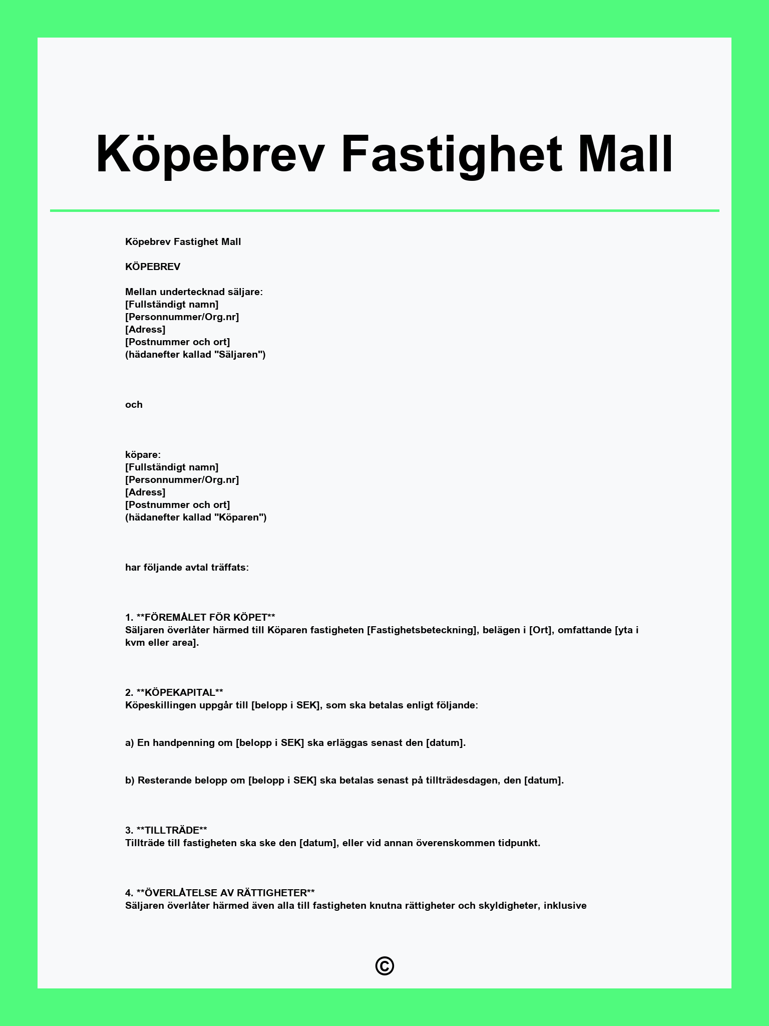 Köpebrev Fastighet Mall