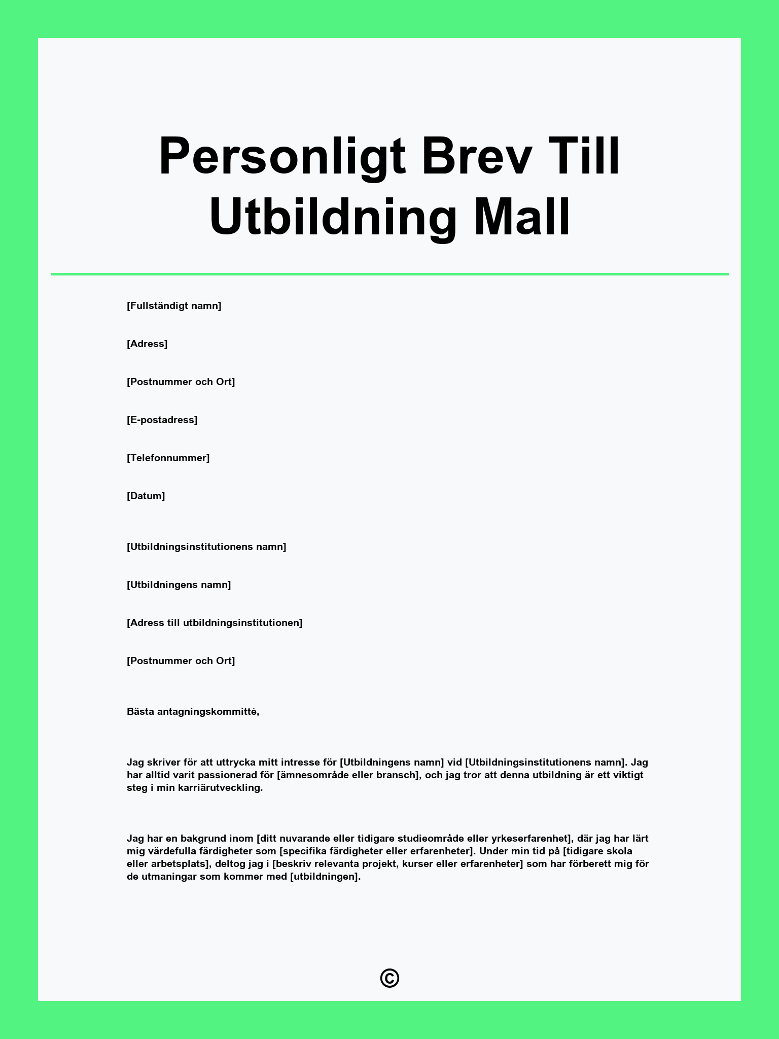 Personligt Brev Till Utbildning Mall