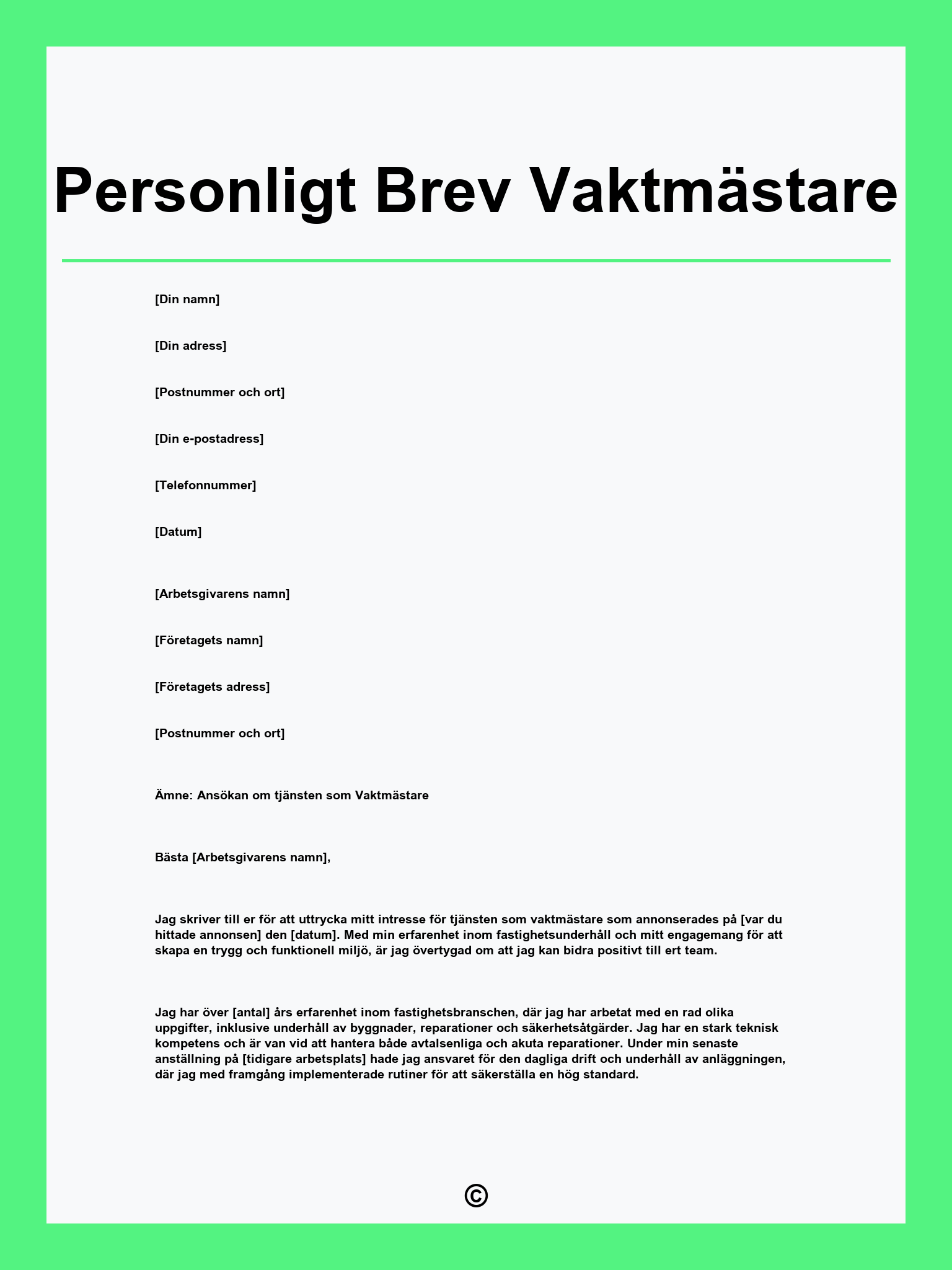 Personligt Brev Vaktmästare