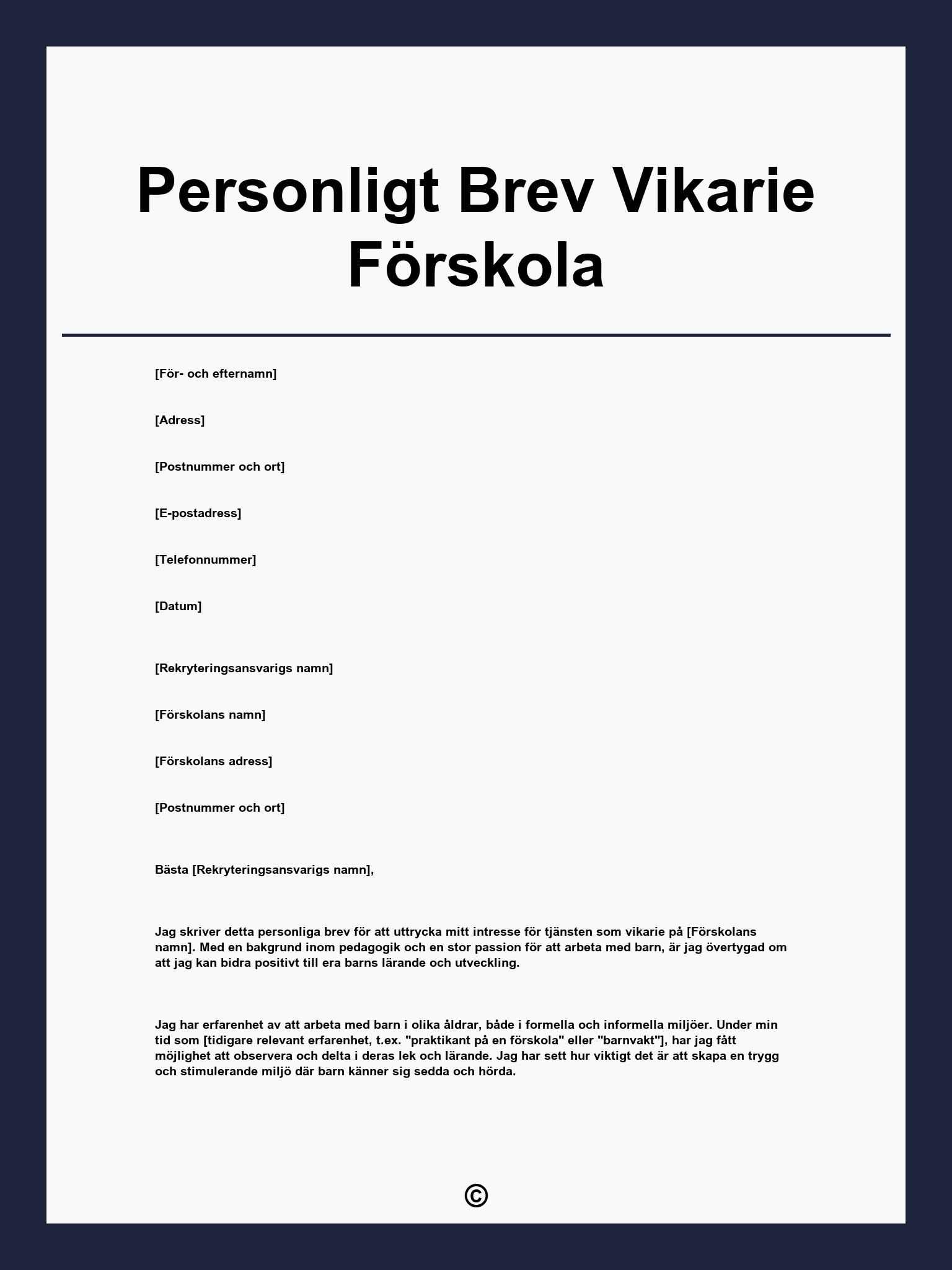 Personligt Brev Vikarie Förskola