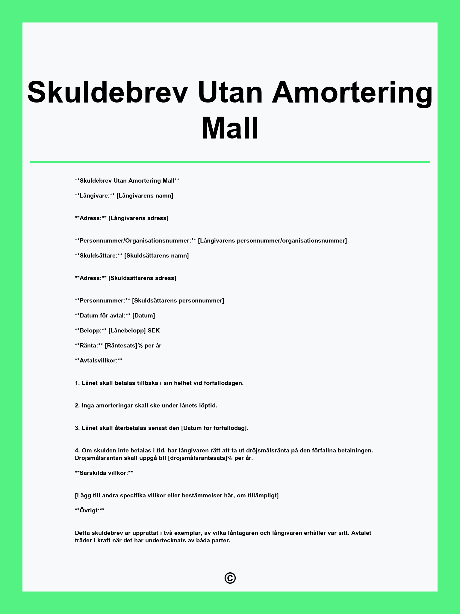 Skuldebrev Utan Amortering Mall